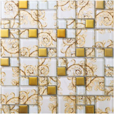 Glossy Glass Tile White Gold Mosaic Wall Backsplash Tiles