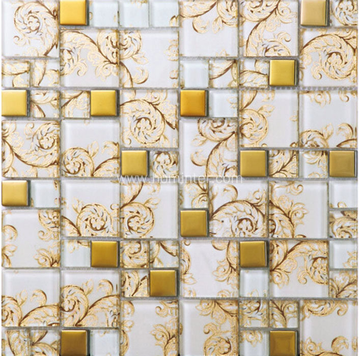 Glossy Glass Tile White Gold Mosaic Wall Backsplash Tiles