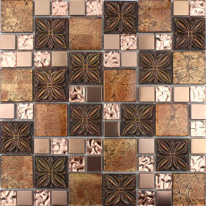 Glass Metal Tile Kitchen Backsplash Brown & Rose Gold Mosaic