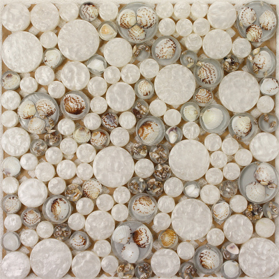 Penny Round Tile Random Size White Glass Resin Mosaic with Shell 