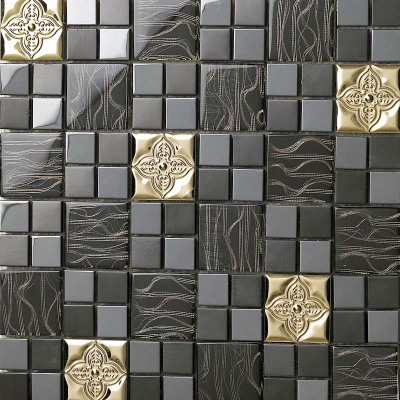 Glass Metal Wall Tile Black & Gold Stainless Steel Backsplash