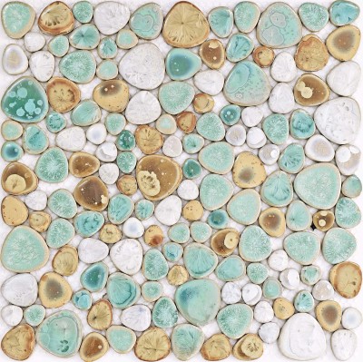 Porcelain Pebble Tile Green Beige White Glaze Smooth Mosaic Floor and Wall Tiles