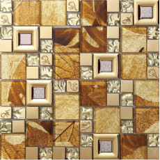 Glass Metal Backsplash Tile Gold Leaf Pattern Mosaic Wall Tiles