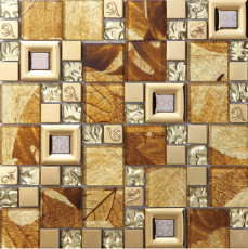 Glass Metal Backsplash Tile Gold Leaf Pattern Mosaic Wall Tiles