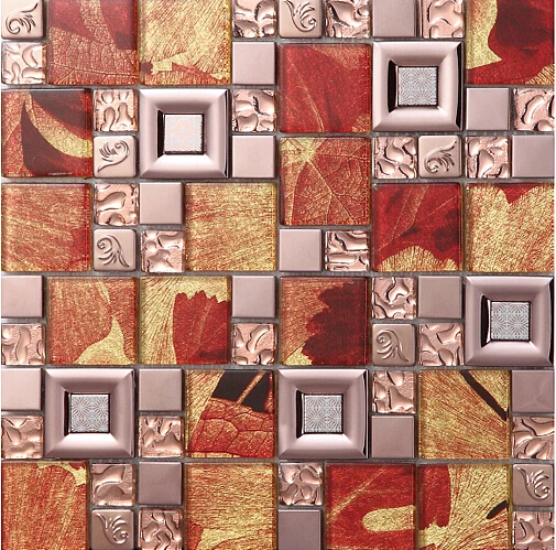 Glass Metal Backsplash Tile Leaf Pattern Red Gold Mosaic Wall Tiles