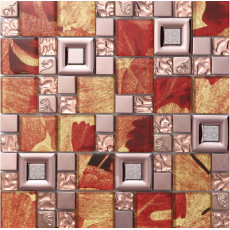 Glass Metal Backsplash Tile Leaf Pattern Red Gold Mosaic Wall Tiles