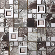 Glass Metal Mosaic Wall Tile Brown Leaf Pattern Kitchen Backsplash