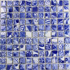 Porcelain Mosaic Squares Blue and White Tile Random Floral Pattern