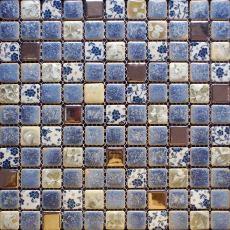 Porcelain Mosaic Squares Blue and White Gold Bathroom Wall Tile