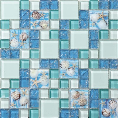 Beach House Style Backsplash Tile Blue Crackle Glass with Resin Shell Mosaic