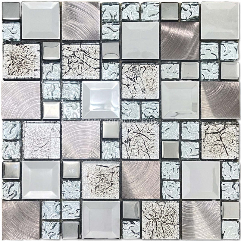 Glass Metal Tile Iridescent White & Silver Mirror Stainless Steel