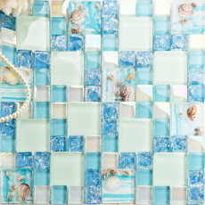 Glass Mosaic with Conch Shell Blue Crackle Backsplash Tile