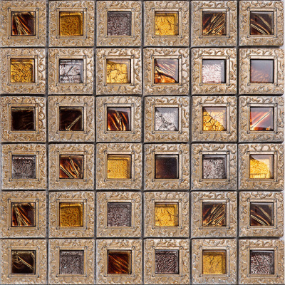 Retro Glass Kitchen Backsplash Tile Brown Gold Mosaic Window Pattern
