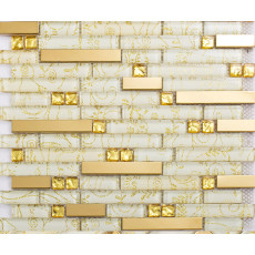 Modern Glass Metal Linear Wall Tile White and Gold Ribbon Mosaic