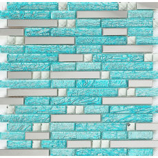 Glass Metal Backsplash Tile Aqua & Silver Linear Mosaic Wall Tiles