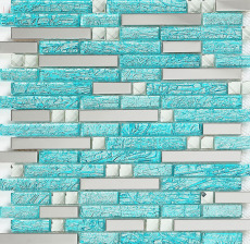 Glass Metal Backsplash Tile Aqua & Silver Linear Mosaic Wall Tiles