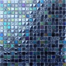 Glass and Stone Mosaic Iridescent Ink-Blue Square Wall Tile