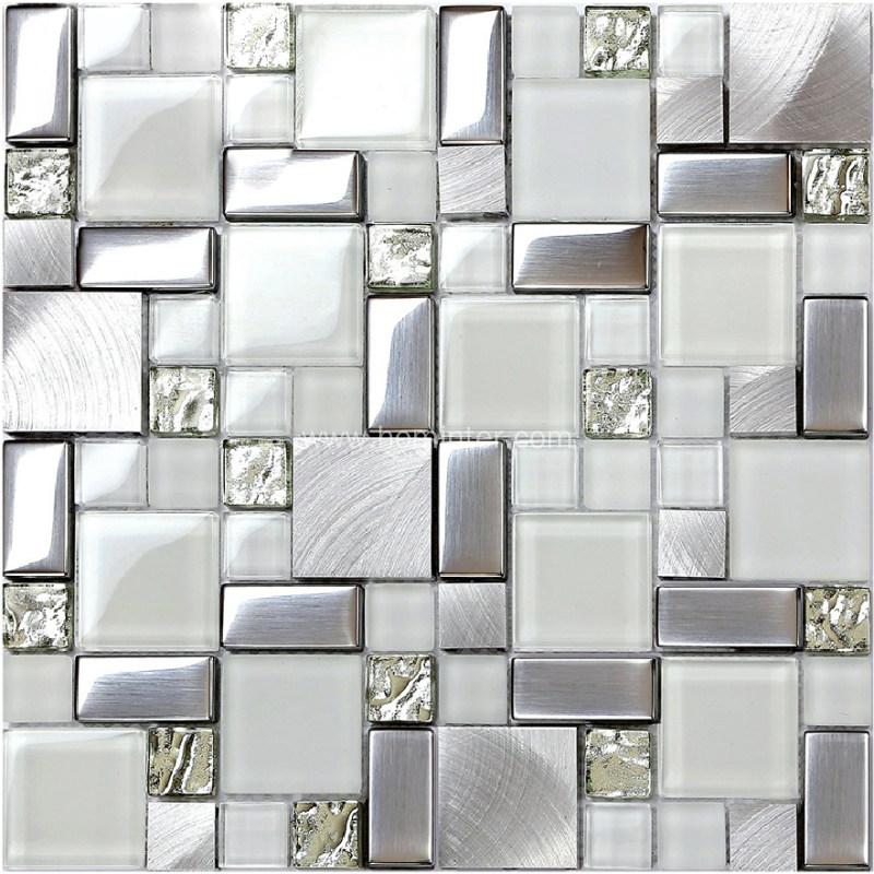 Glass Metal Tile Iridescent White & Silver Mirror Stainless Steel