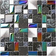 Glass Metal Tile Black Silver Iridescent Backsplash Accent Tiles