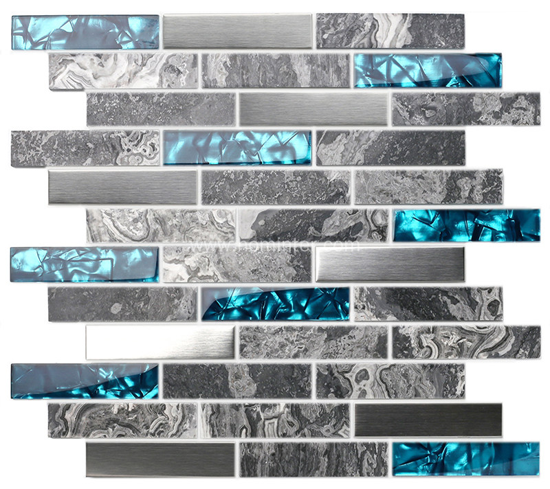 polished marble mix glass and metal mosaic gray/aqua/silver