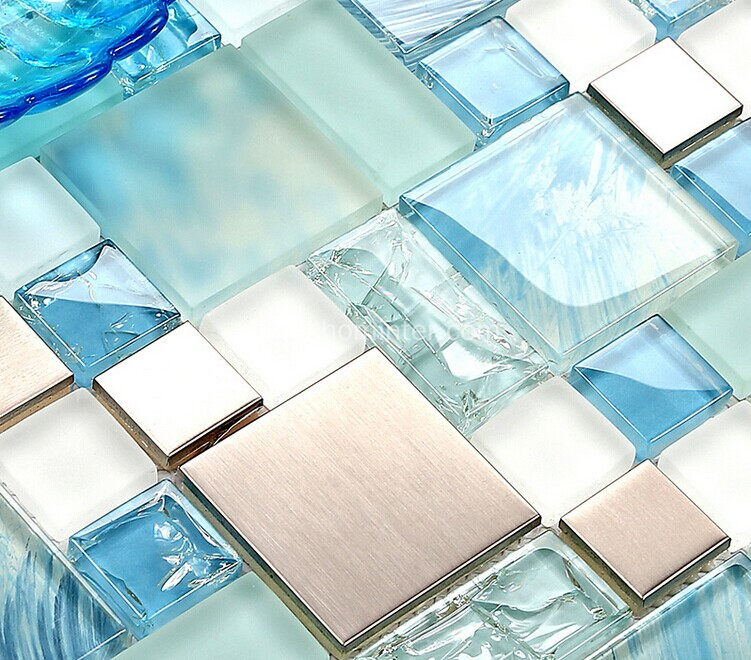 Glass Metal Tile Iridescent White & Silver Mirror Stainless Steel