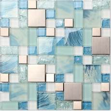 Glass Metal Kitchen Backsplash Tile Hand-Painted Blue & Silver Mosaic