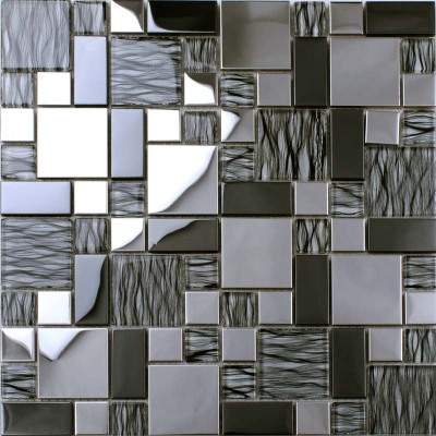 Glossy Glass Metal Tile Silver Black Ribbon Mosaic Backsplash