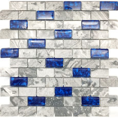 Glass Stone Mosaic Wall Tiles Navy Blue and Gray 1x2 Subway Tile