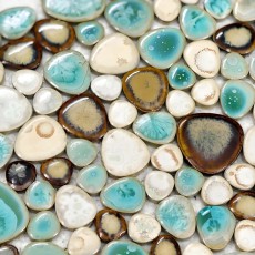 Glazed Ceramic Pebble Tile Turquoise Cream & Coffee Mosaic Wall and Floor Tiles