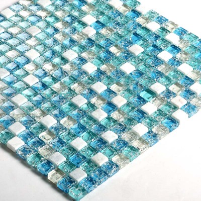 Ceram Stone and Glass Mosaic Tile Ice-Crack Glass Blue Backsplash Wall Stickers Floor Tiles