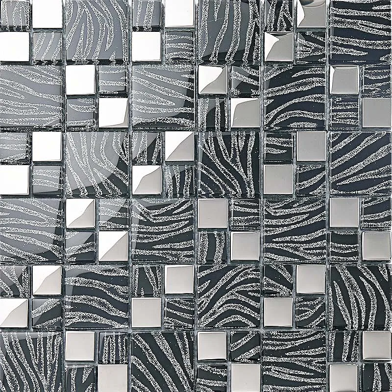 Glossy Glass Tile French Pattern Black Silver Ribbon Mosaic Wall Tiles