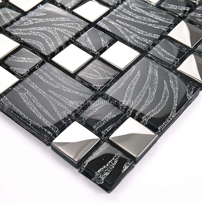 Silver with Black Crystal Glass Mosaic Tiles Plated Glass Kitchen