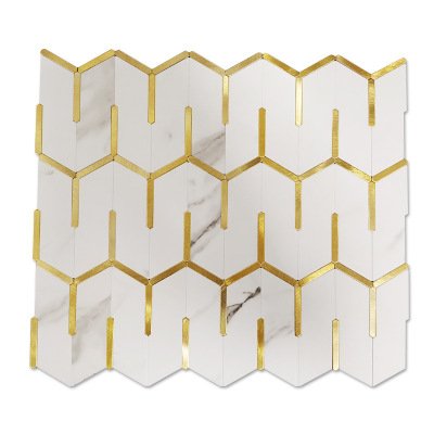 White Peel and Stick Tile Rectangle Gold Border Adhesive Mosaic