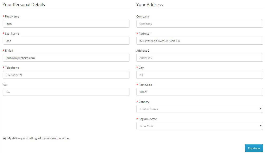 billing or shipping detail form